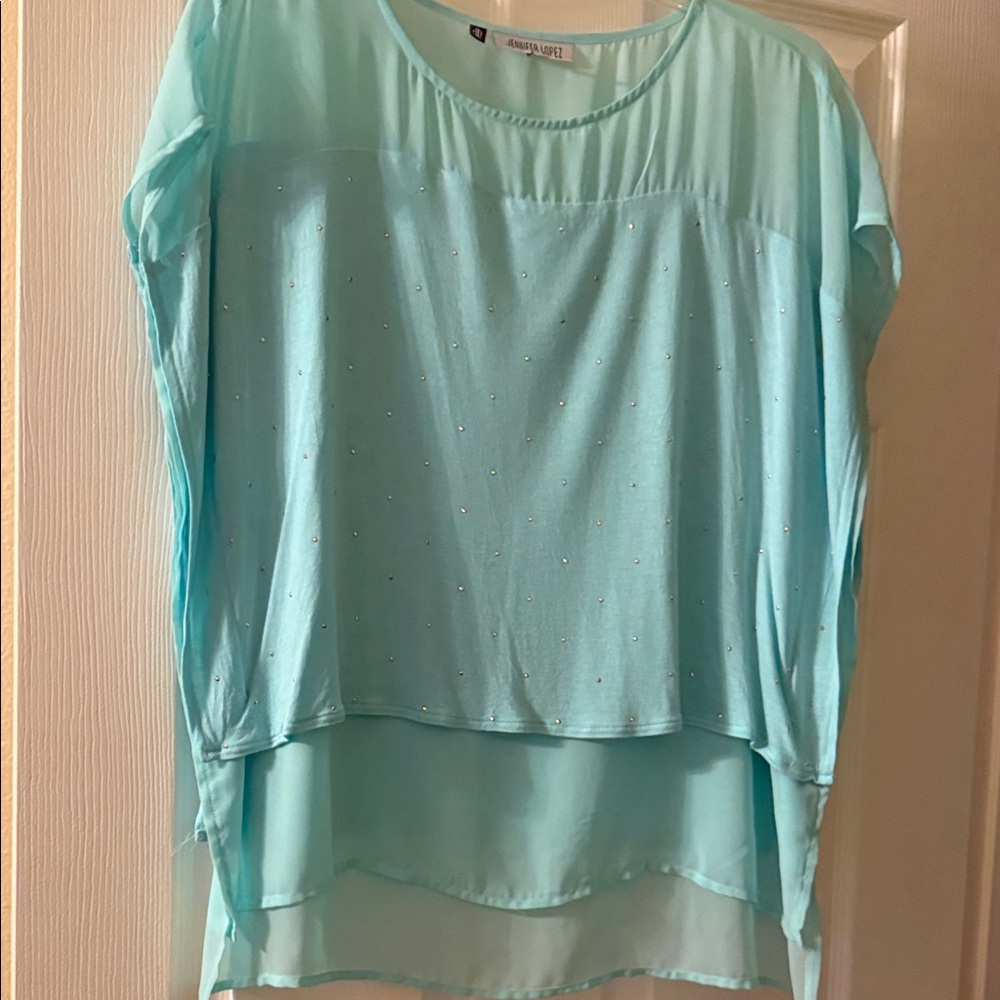 Jennifer Lopez Aqua Sheer Blouse